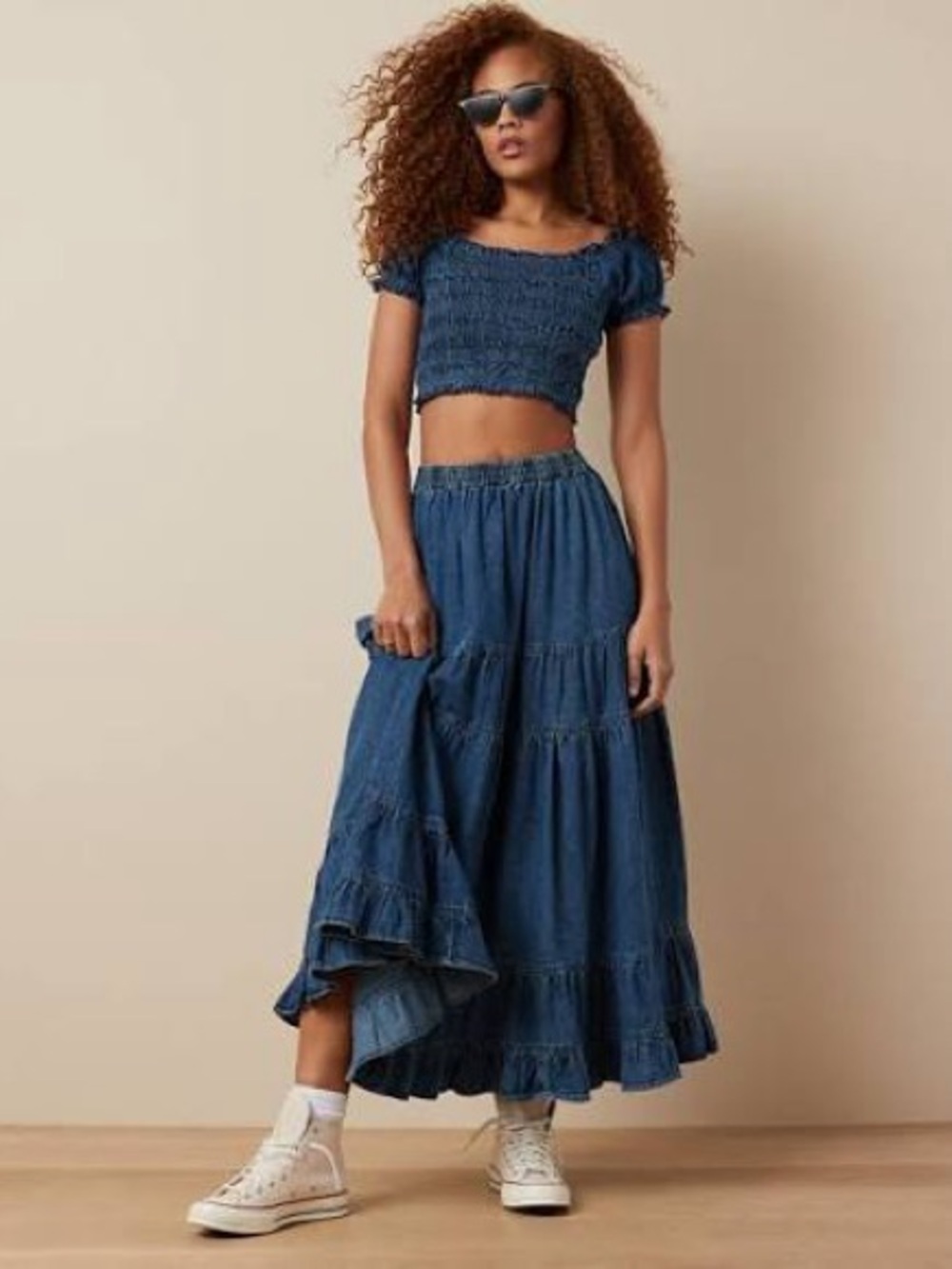 American eagle Two-Piece Crop Top & Tiered Maxi Skirt Set dark Jean